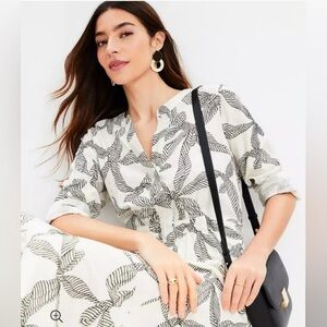 LOFT | Ribbon Print Smocked Button Down Long Sleeve Dress